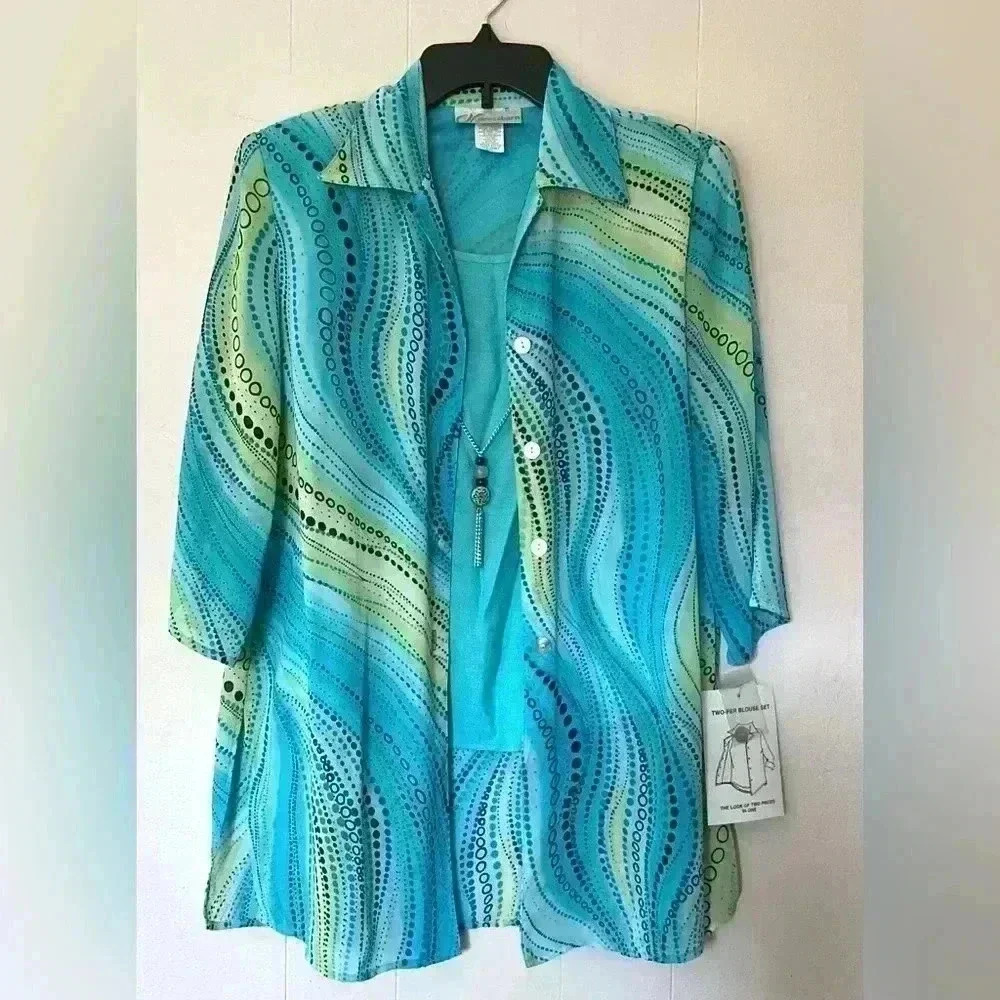 NWT Dressbarn Two- Fer Blouse Set Top Blouse size Small Green/ blue Geometric